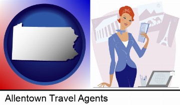 a travel agent in a travel agency, holding airline tickets in Allentown, PA