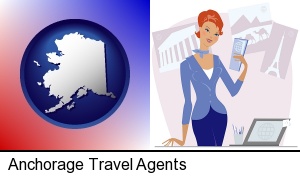 a travel agent in a travel agency, holding airline tickets in Anchorage, AK