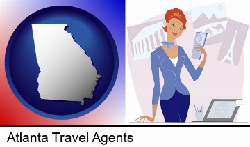 a travel agent in a travel agency, holding airline tickets in Atlanta, GA