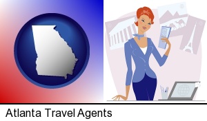 Atlanta, Georgia - a travel agent in a travel agency, holding airline tickets