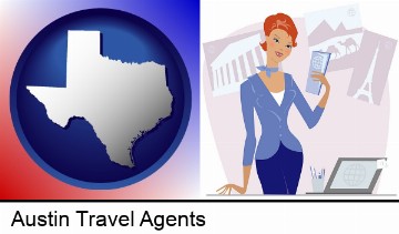 a travel agent in a travel agency, holding airline tickets in Austin, TX