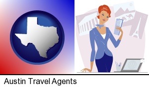 Austin, Texas - a travel agent in a travel agency, holding airline tickets