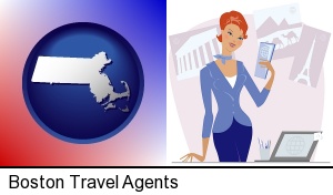 Boston, Massachusetts - a travel agent in a travel agency, holding airline tickets
