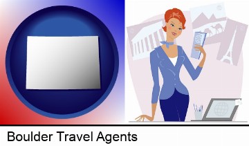 a travel agent in a travel agency, holding airline tickets in Boulder, CO