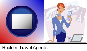 Boulder, Colorado - a travel agent in a travel agency, holding airline tickets