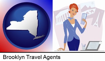 a travel agent in a travel agency, holding airline tickets in Brooklyn, NY