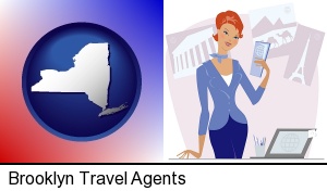 Brooklyn, New York - a travel agent in a travel agency, holding airline tickets