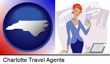 a travel agent in a travel agency, holding airline tickets in Charlotte, NC
