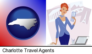 Charlotte, North Carolina - a travel agent in a travel agency, holding airline tickets