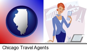 Chicago, Illinois - a travel agent in a travel agency, holding airline tickets