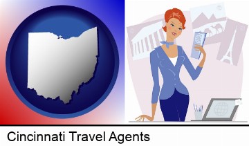 a travel agent in a travel agency, holding airline tickets in Cincinnati, OH