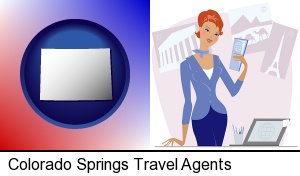 a travel agent in a travel agency, holding airline tickets in Colorado Springs, CO