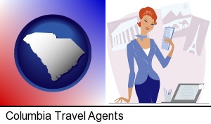 a travel agent in a travel agency, holding airline tickets in Columbia, SC