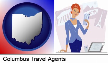a travel agent in a travel agency, holding airline tickets in Columbus, OH