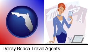 a travel agent in a travel agency, holding airline tickets in Delray Beach, FL