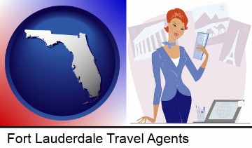a travel agent in a travel agency, holding airline tickets in Fort Lauderdale, FL