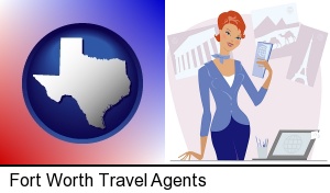a travel agent in a travel agency, holding airline tickets in Fort Worth, TX