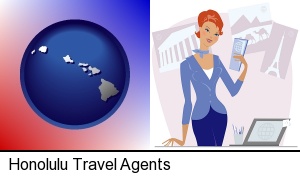 Honolulu, Hawaii - a travel agent in a travel agency, holding airline tickets