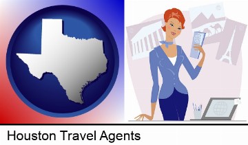 a travel agent in a travel agency, holding airline tickets in Houston, TX