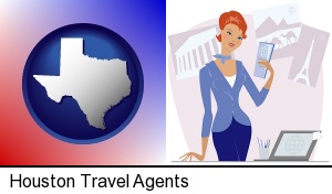 Houston, Texas - a travel agent in a travel agency, holding airline tickets