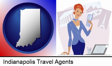 a travel agent in a travel agency, holding airline tickets in Indianapolis, IN