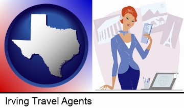 a travel agent in a travel agency, holding airline tickets in Irving, TX