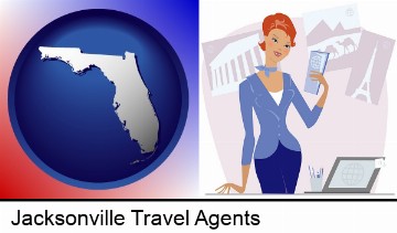 a travel agent in a travel agency, holding airline tickets in Jacksonville, FL