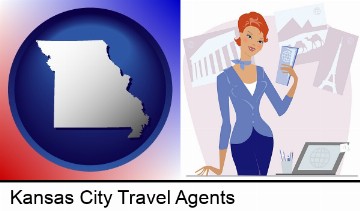 a travel agent in a travel agency, holding airline tickets in Kansas City, MO