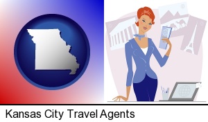 Kansas City, Missouri - a travel agent in a travel agency, holding airline tickets