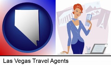a travel agent in a travel agency, holding airline tickets in Las Vegas, NV