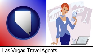 Las Vegas, Nevada - a travel agent in a travel agency, holding airline tickets