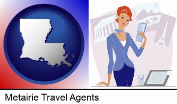 a travel agent in a travel agency, holding airline tickets in Metairie, LA