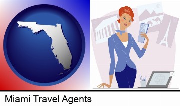 a travel agent in a travel agency, holding airline tickets in Miami, FL