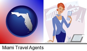 Miami, Florida - a travel agent in a travel agency, holding airline tickets