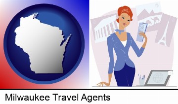 a travel agent in a travel agency, holding airline tickets in Milwaukee, WI