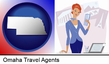 a travel agent in a travel agency, holding airline tickets in Omaha, NE