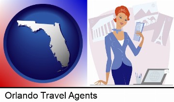a travel agent in a travel agency, holding airline tickets in Orlando, FL