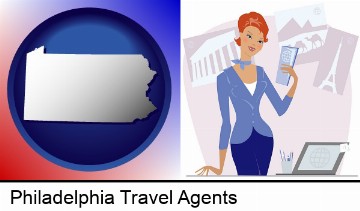 a travel agent in a travel agency, holding airline tickets in Philadelphia, PA