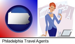 Philadelphia, Pennsylvania - a travel agent in a travel agency, holding airline tickets