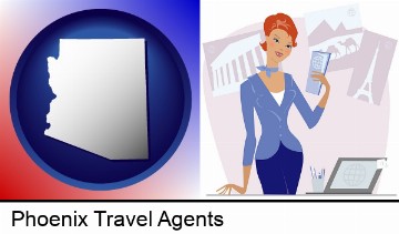 a travel agent in a travel agency, holding airline tickets in Phoenix, AZ