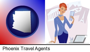 Phoenix, Arizona - a travel agent in a travel agency, holding airline tickets