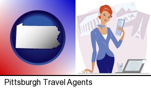 a travel agent in a travel agency, holding airline tickets in Pittsburgh, PA