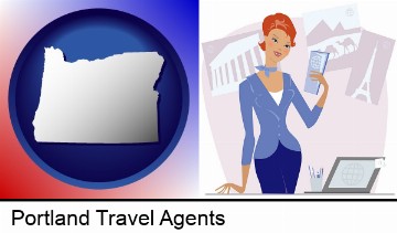 a travel agent in a travel agency, holding airline tickets in Portland, OR