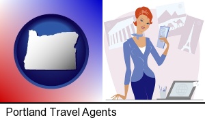 Portland, Oregon - a travel agent in a travel agency, holding airline tickets