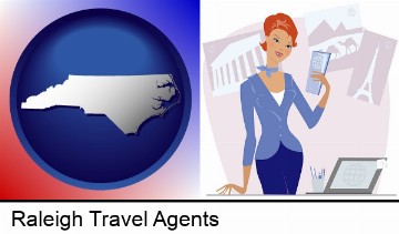 a travel agent in a travel agency, holding airline tickets in Raleigh, NC