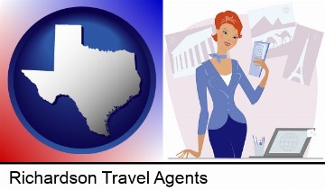 a travel agent in a travel agency, holding airline tickets in Richardson, TX