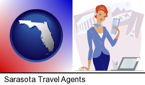 Sarasota, Florida - a travel agent in a travel agency, holding airline tickets