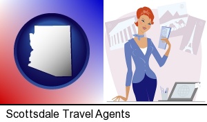 Scottsdale, Arizona - a travel agent in a travel agency, holding airline tickets