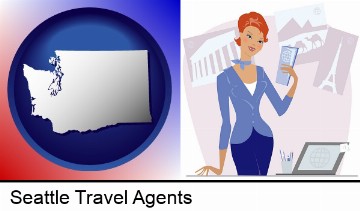 a travel agent in a travel agency, holding airline tickets in Seattle, WA