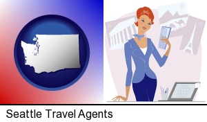 Seattle, Washington - a travel agent in a travel agency, holding airline tickets